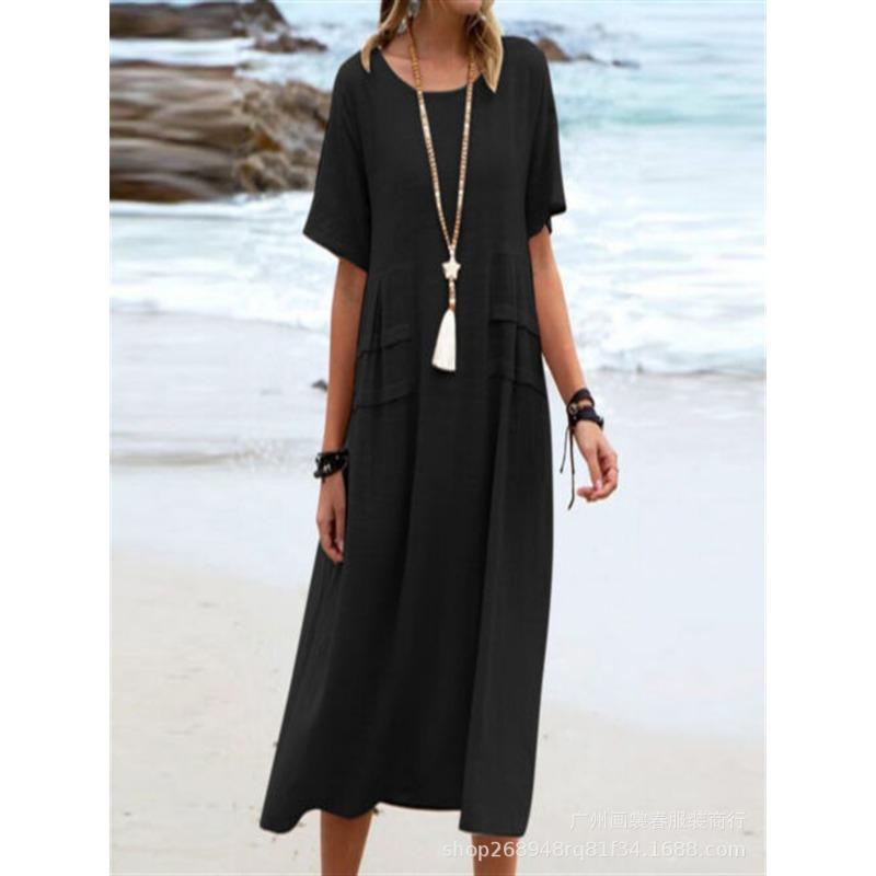 New Women's Cotton Pocket Casual Solid Color Short Sleeved Dress