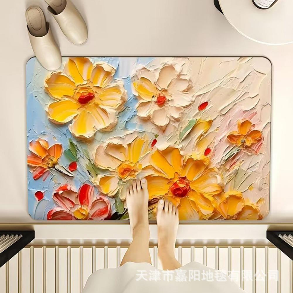 2pcs Oil Painting Diatom Mud Floor Mat Bathroom Absorbent Mat Kitchen Floor Mat Decoration Non-slip Carpet