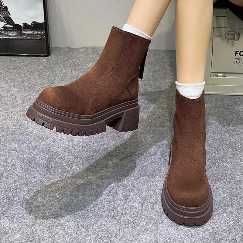 High Heels Damenstiefel Wildleder Mode Klobige Wildlederschuhe Designer Winter Knöchel Schneestiefel Neue Pumps Kleid Frau Stiefeletten