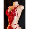 Red See Through Deep V Sexy Underwear Women One-piece Exotic Costumes Porn Hollow Crotchless Backless Erotic Bodysuit Lingerie