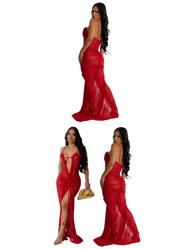 Sexy durchsichtiges Netzkleid mit hohem Schlitz für Damen