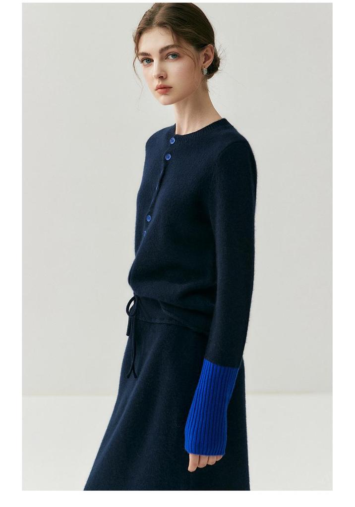 Women's Contrast Color Cashmere Cardigan - Round Neck, Ribbed Cuffs, Autumn/Winter Style