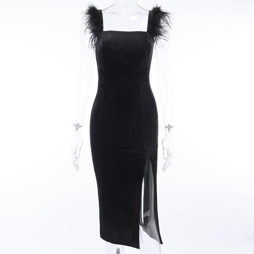 Women Fashion Square Collar Solid Strap Fork Opening Feather Long Dress