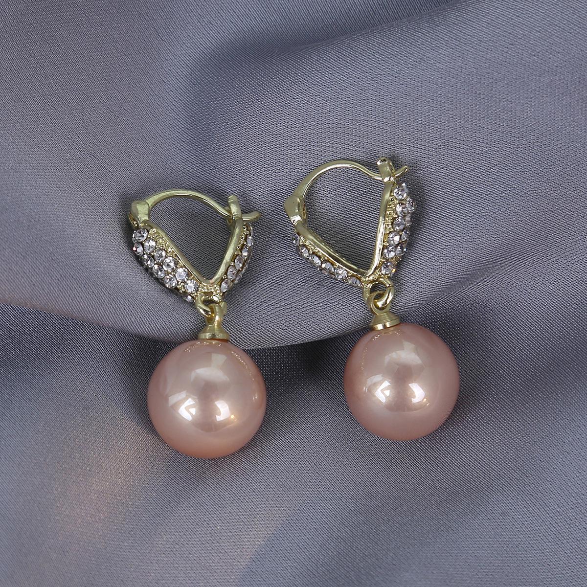 Korean Style Champagne Pearl Earrings with Rhinestone Inlay - Geometric Round Studs for Women