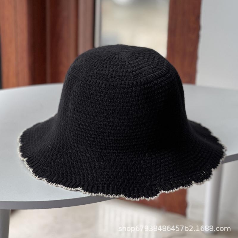 New Xiaoxiangfeng wavy eaves bucket hat women's temperament woven foldable breathable sunshade sunscreen bucket basin hat