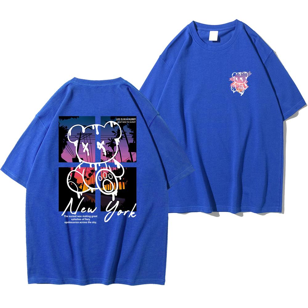 New York Art Word Cartoon Bear Sunset Scenery Design T Shirts Men Fashion Cotton Shirt Loose Summer T Shirts Oversized Tee