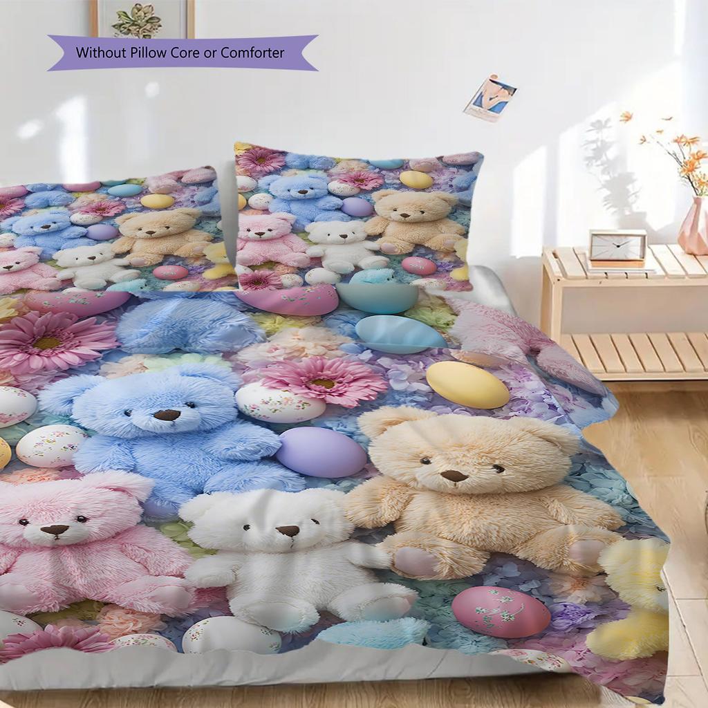 Teddy Bear Pattern Bedding Quilt Set Quilt Cover Pillowcase Home Decoration Birthday Gift (1 * duvet cover + 2 * pillowcase, without core)