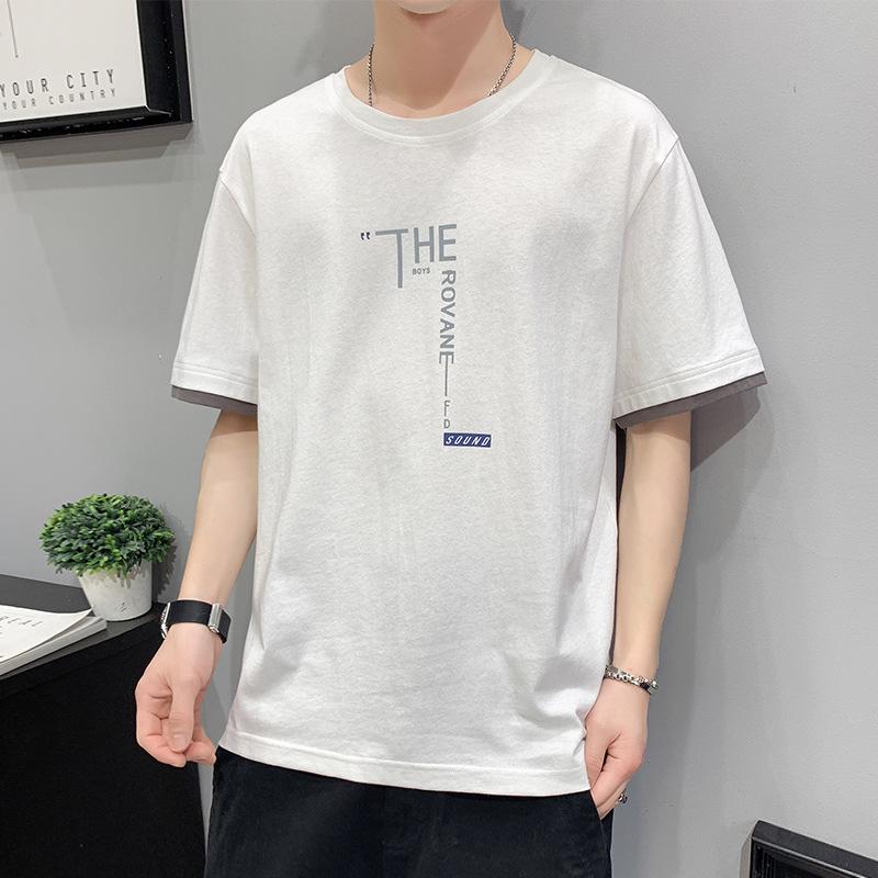 

Men s Short Sleeve Ice Silk T-shirt - Trendy 2025 Youth Print, Loose Fit, Fake Two-Piece Design XL білий