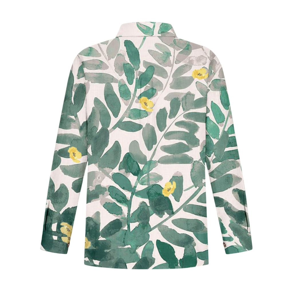 Women's Loose Floral Print Stand Collar Long Sleeve Cotton And Linen Top