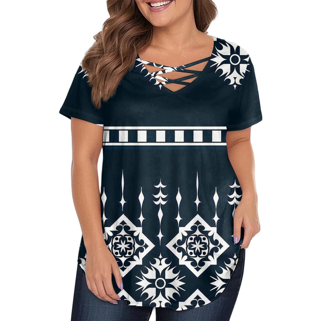 Women's Fashion Casual Printed V-Neck Short Sleeve Large Size T-Shirt Top