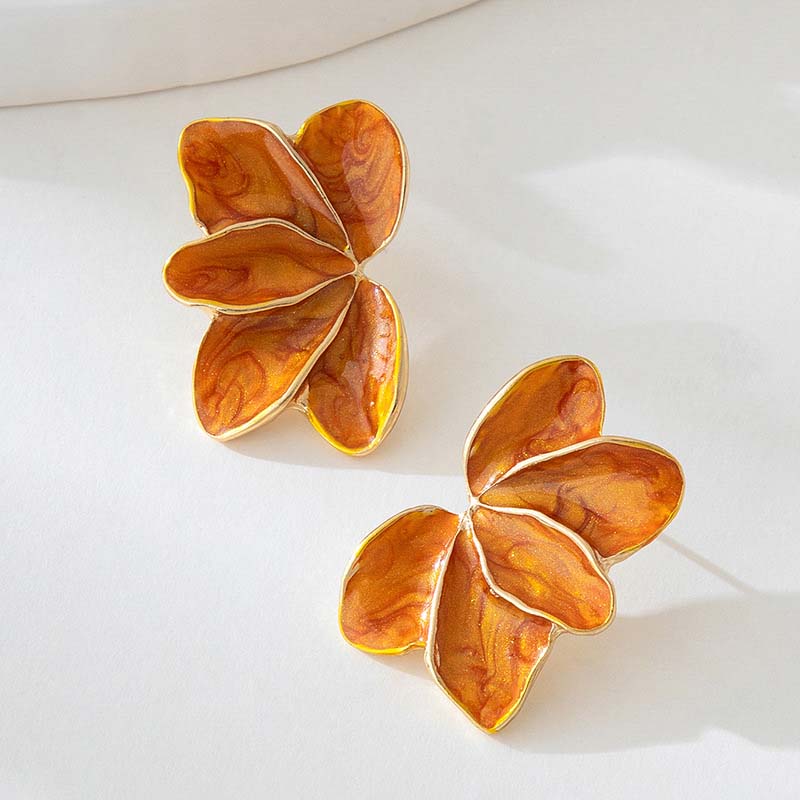Vintage Red Enamel Petal Post Stud Earrings For Women Metal Flower Temperament Earrings Jewelry Daily Holiday Gifts
