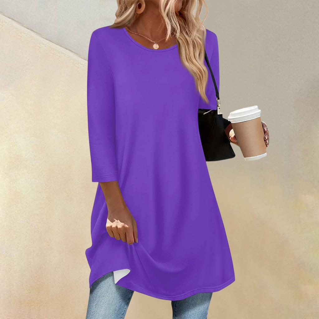 Women's Fashion Casual Three-quarter Sleeve Long Solid Color Round Neck Top
