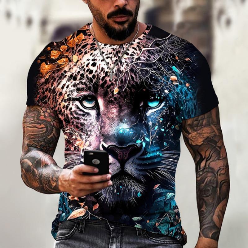 Vintage Animal T-Shirt Mens T Shirt 3d Fierce Leopard Print Tee Summer Short Sleeve Holiday T Shirt Loose Clothing Male Pullover