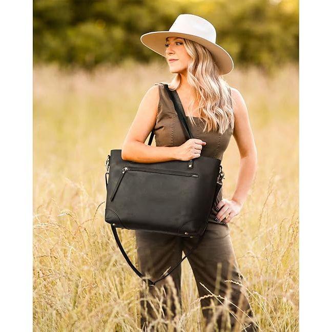 Genuine Leather Tote Bag for Women Work Shoulder Crossbody Purses Handbag with Outside Pockets