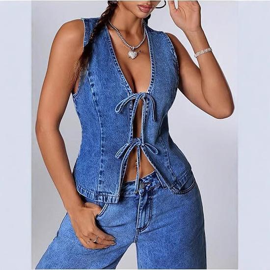 Women's Denim Vest Front Tie Crop Top Sleeveless V Neck Tank for Summer