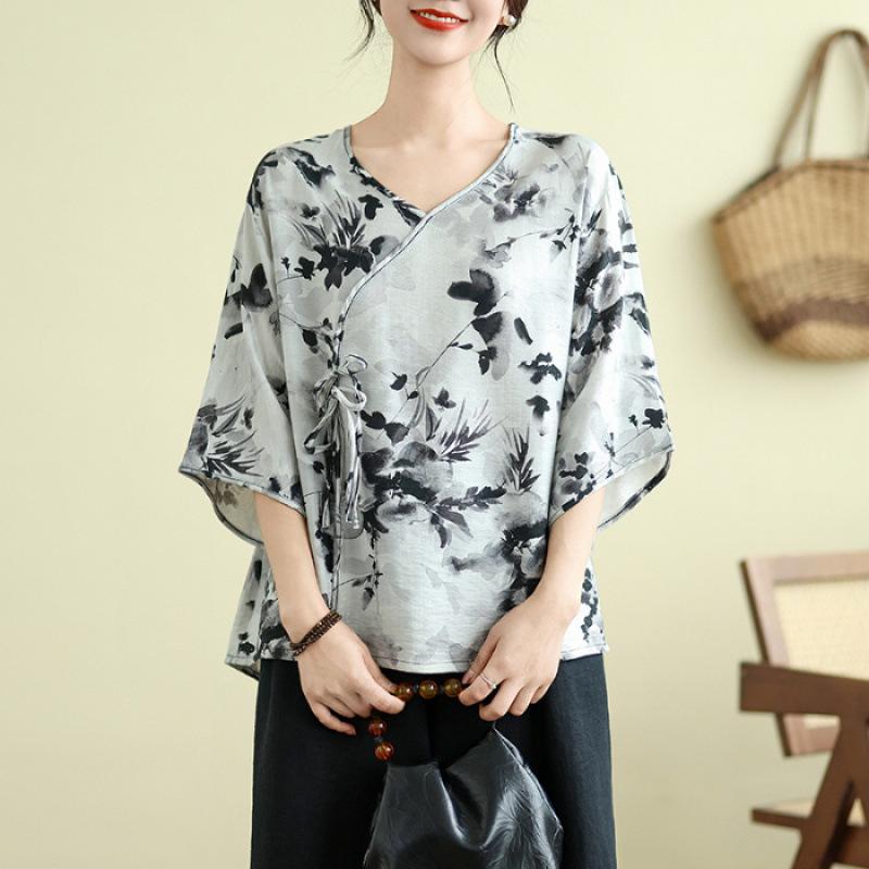 New Chinese Style Chiffon Shirt Printed Plus Size Shirt Summer Retro Loose Short Sleeved Top