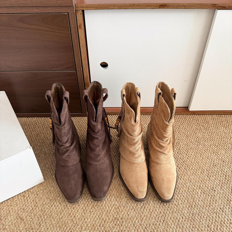 Modă Botine Drapate cu Toc Gros Vintage pentru Femei Toamnă 2025 Noi Cizme Mid-Leg cu Ciucuri și Mărgele