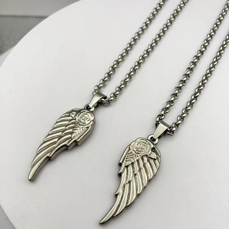 Rose Wings Stainless Steel Feather Pendant Necklace