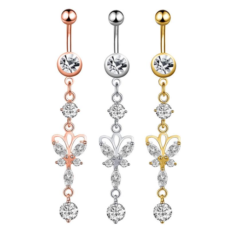 Butterfly-bow Dangled Navel Ring Piercing 14G Flower Heart Crystal CZs Belly Button Ring for Women Stainless Steel Belly Jewelry
