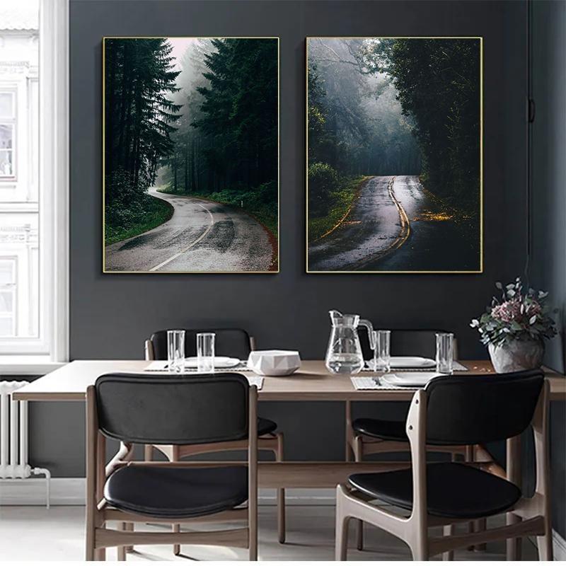 İskandinav doğal manzarası, yeşil orman, yol, dağ gölü, poster, tuval, resim, modern oturma odası için duvar sanatı,