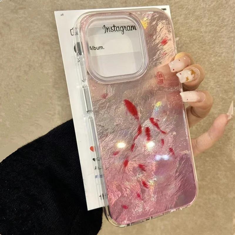 

Pink Blurred Little Red Fish Phone Case for IPhone 16 15 11 12 14 13 Pro Max Mini XSM XR 7 8 Plus Cartoon Gradient Glitter Cover For iPhone 16