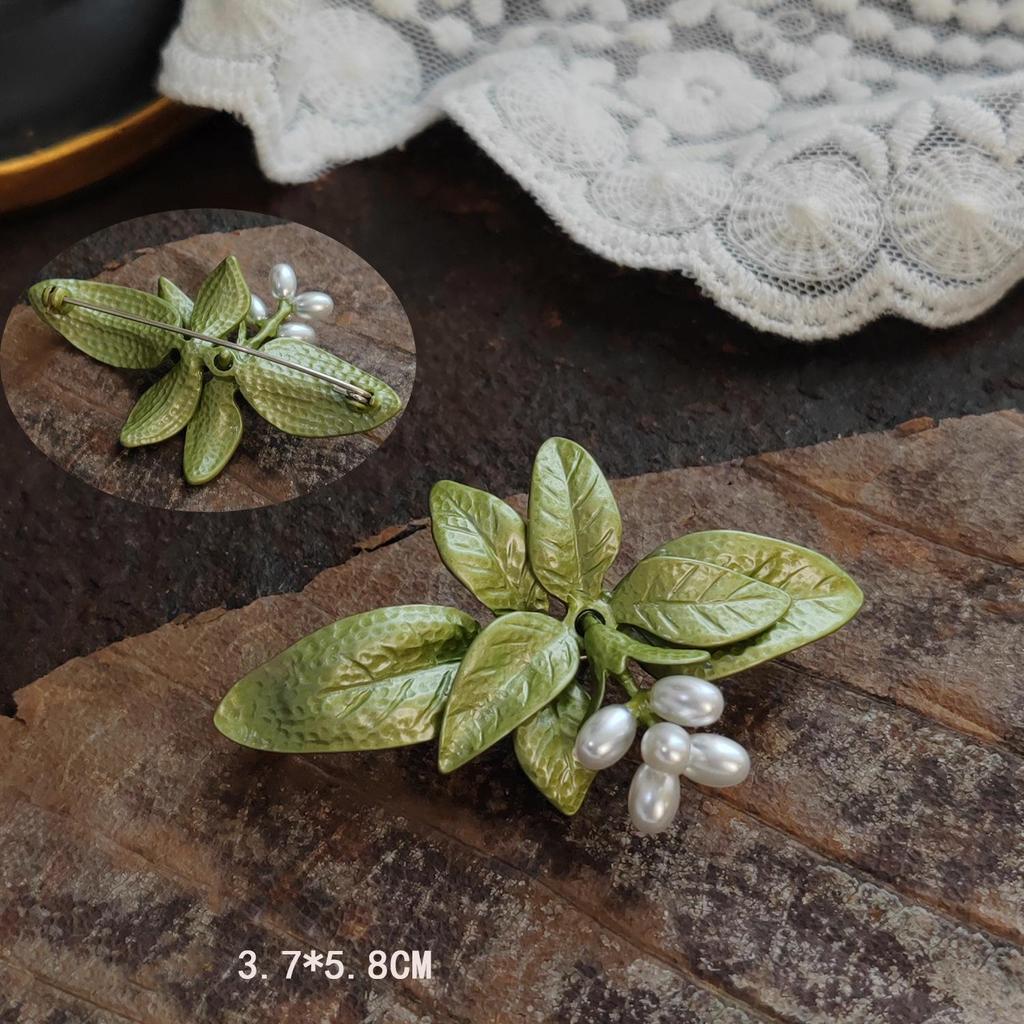 Handmade Vintage Lily of the Valley Enamel Leaf Brooch Pin