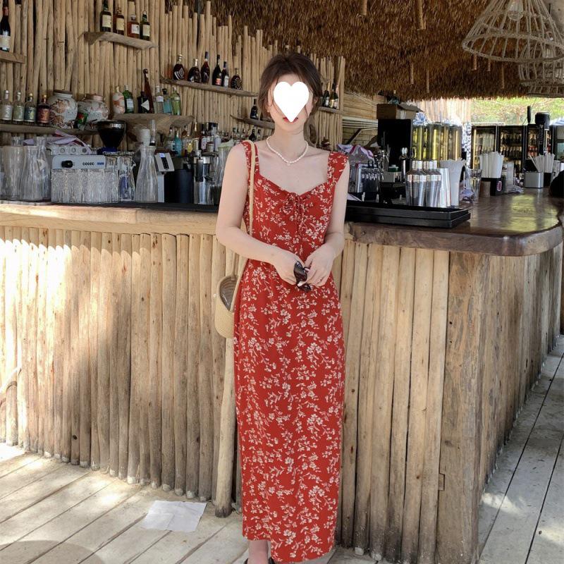 French Red Floral Spaghetti Strap Summer Dress - Women's 2024 Beach Vacation Long Dress