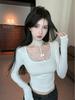 Women's Slimming White Lace Patchwork Halter Long Sleeve T-shirt - Autumn Flattering Spicy Girl Base Layer