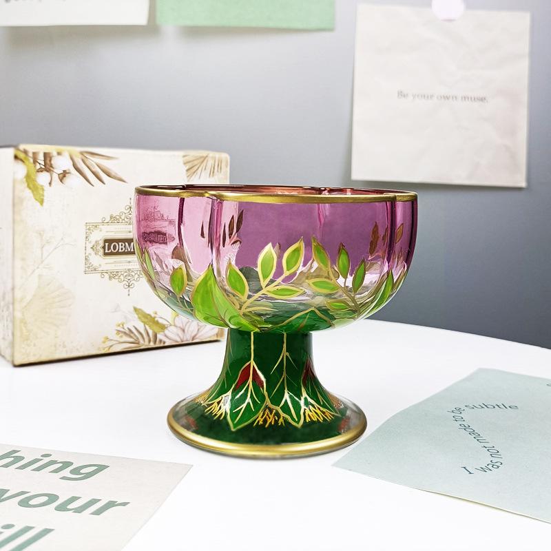 Rakouský středověký pohár na šampaňské křišťálové sklo pohár na červené víno růžový ručně malovaný miska na zmrzlinu vintage květinový pohár