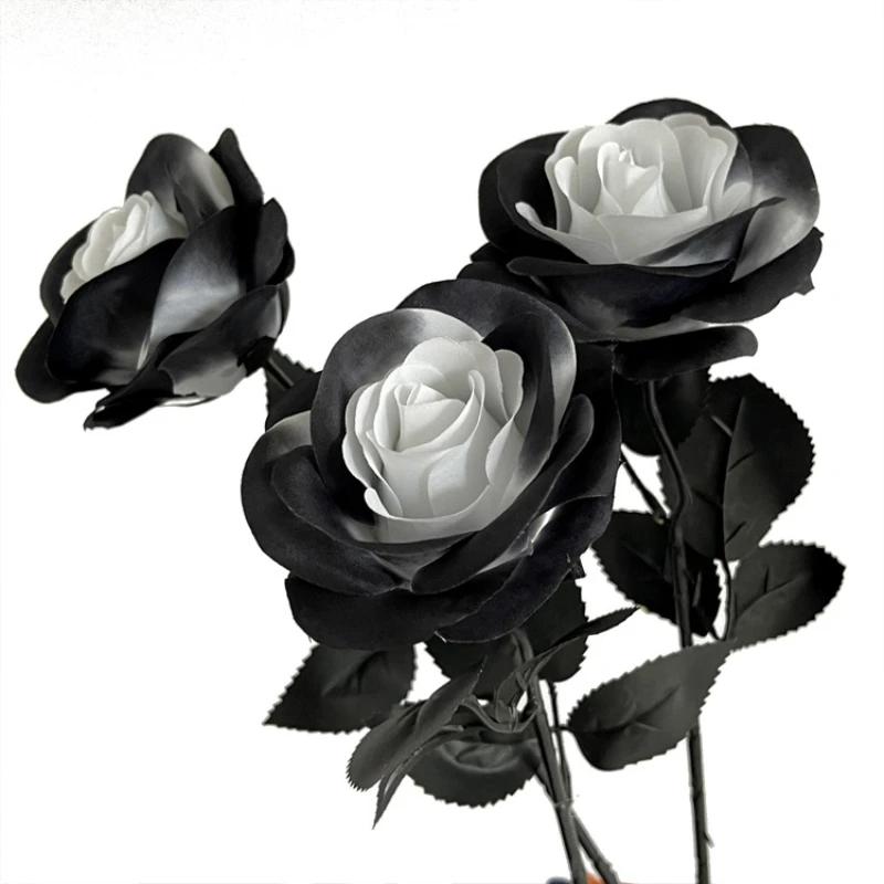 5pcs 51cm Silk Black Rose Artificial Flower Head Bouquet Home Living Room Wedding Chritmas Decoration New Year Decoration