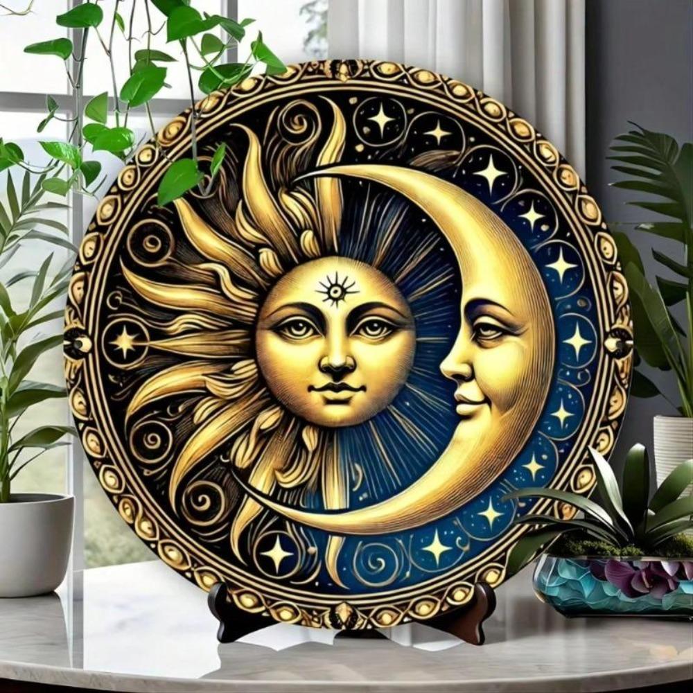 Sun Moon Metal Wall Decor 8 Inch Round Sign Solar Lunar Art Home Cafe Bar
