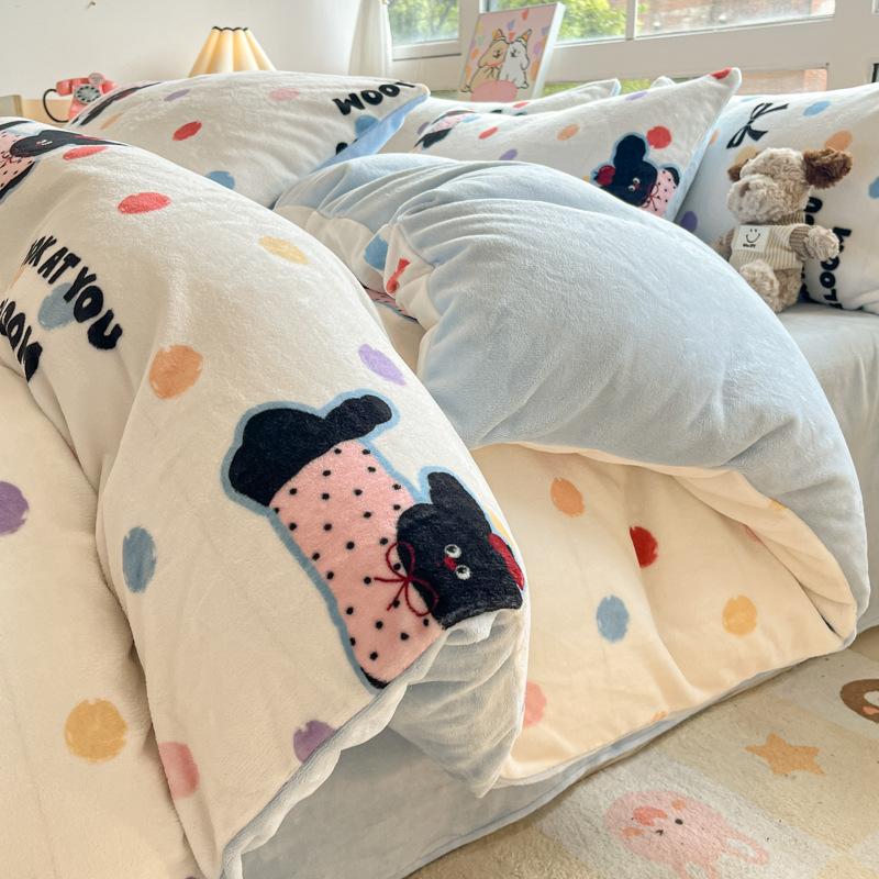 Thickened Milk Fleece Four-Piece Set, Coral Fleece Bed Sheet Quilt Cover, Fleece Three-Piece Set, Bedding.