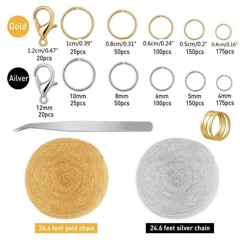 Jewelry Making Chain 1000x Jump Rings 40x Lobster Clasps with Curved Tweezers Jump Ring Opener DIY Jewelry Gold Silver