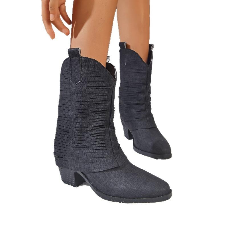 Thick Heel Pointed Short Trousers Fried Street Small Short Boots Women's Shoes New Autumn and Winter Retro Western Cowboy Boots