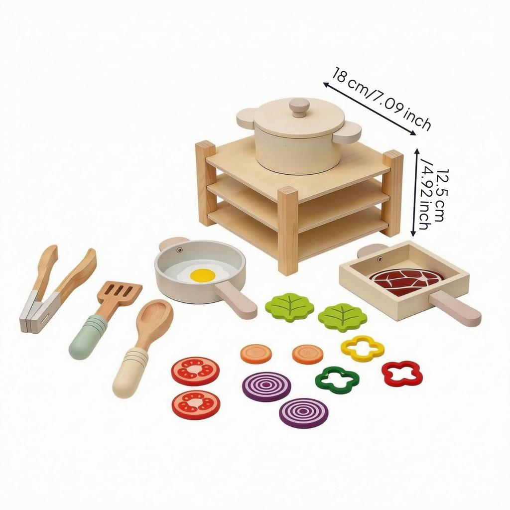Wooden Play Kitchen Rounded Shapes Cooking Set FoodShaped RolePlay