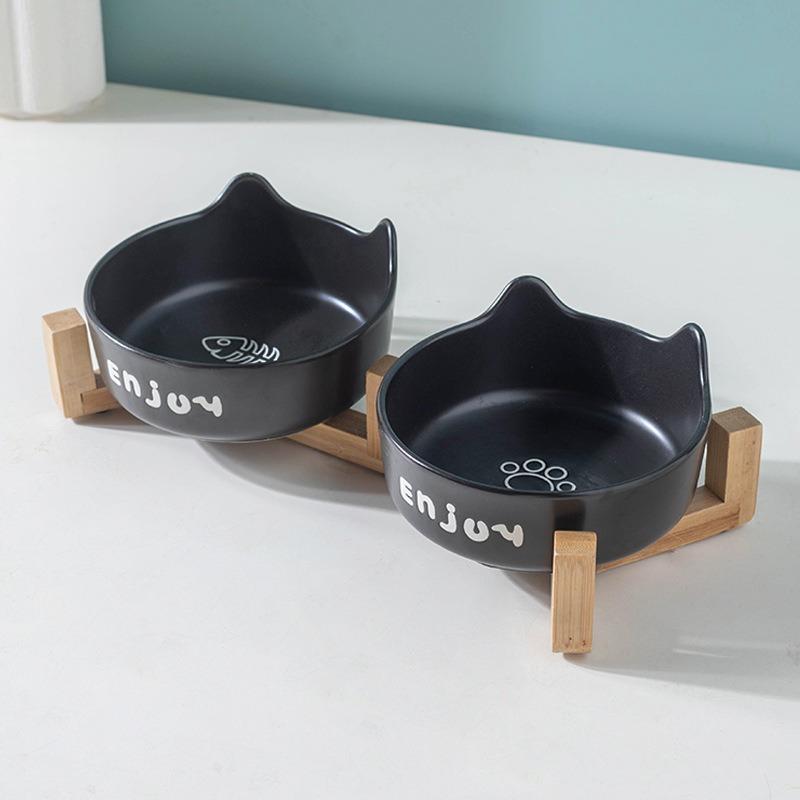 3pcs/set (1pc Rack + 2pcs Bowl) Non-Slip Ceramic Double Pet Food Bowl for Cats and Dogs - Prevents Spills and Slips