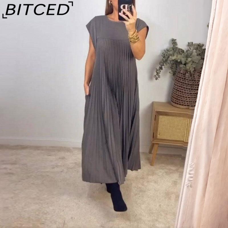 BITCED Herbst Damen Elegantes Mode O-Ausschnitt Ärmelloses Plissee Maxikleid