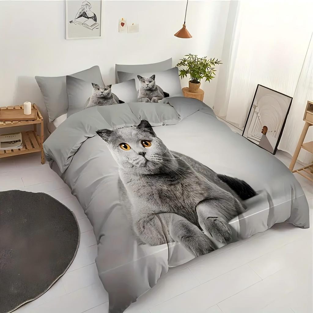 Comforter Cute Grey Cat Pattern 3D Printed Animal Pet Theme Luxury Bedding Set Soft Comfortable Set