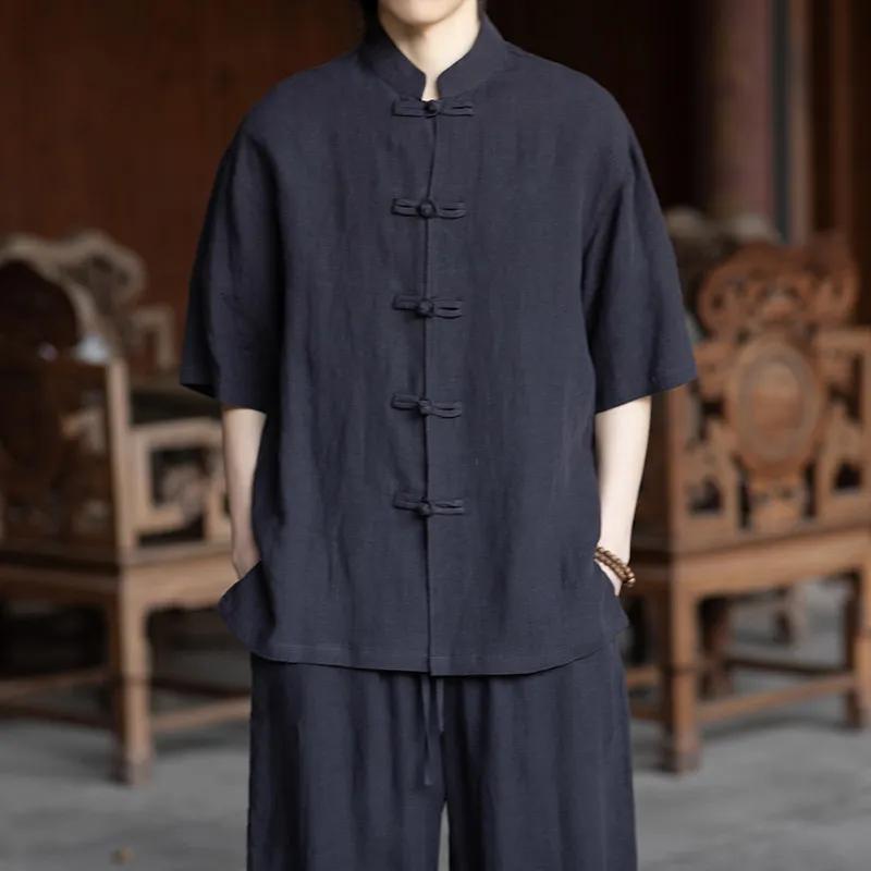 

New Chinese Style Men Linen Tang Suit Shirt Summer Frog Button Short Sleeve Loose Breathable Traditional Oriental Casual Top L Темно-синій