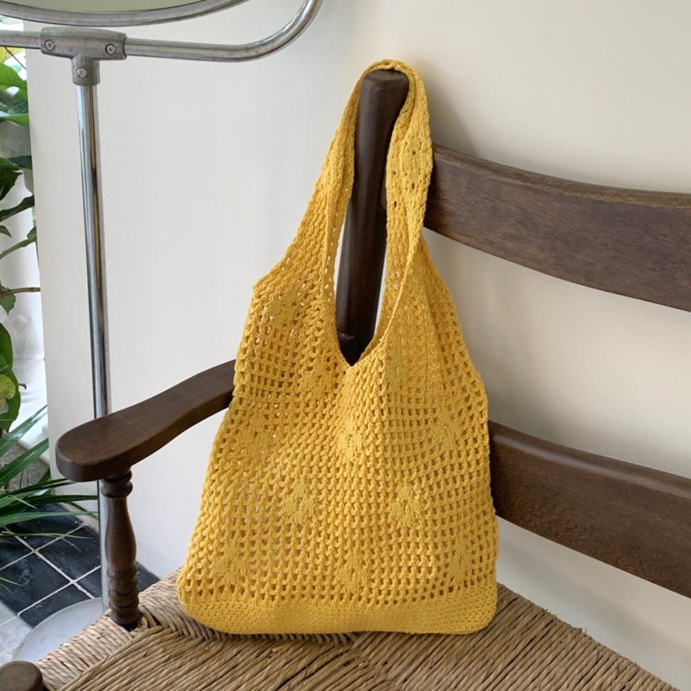 Braided Crochet Flower Tote Bag Solid Color Beach Bag Sweet Hollow Out Knitted Weave Bag  Daily