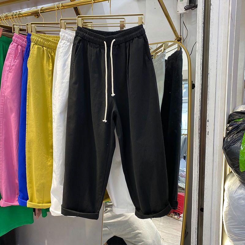 Women's Summer High-Waist Cotton Cropped Pants - Slimming, Harajuku Style, Plus Size, Elastic Waist, Lightweight Casual Wear