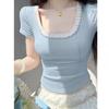 Sweet Fashion Versatile Summer New T-Shirts Women Square Collar Solid Lace Patchwork Short Sleeve Korean Casual Skinny Tops