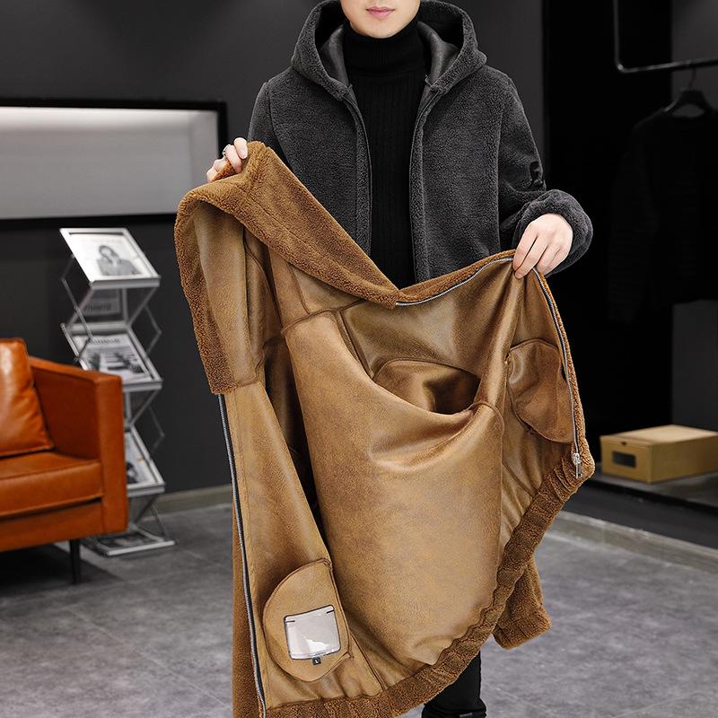Chaqueta de Lana con Capucha para Hombre de Lana de Cordero con Forro de Forro Polar y Diseño Bordado