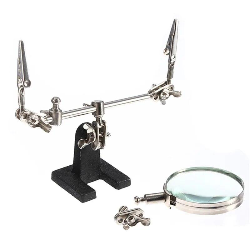 Suport de lipit pentru instrumente de ajutor de la mâna a treia de 60 mm cu 4x lupă de sudură LED cu rotație de 360 ​​de grade, 2 agrafe de crocodil ajustabile