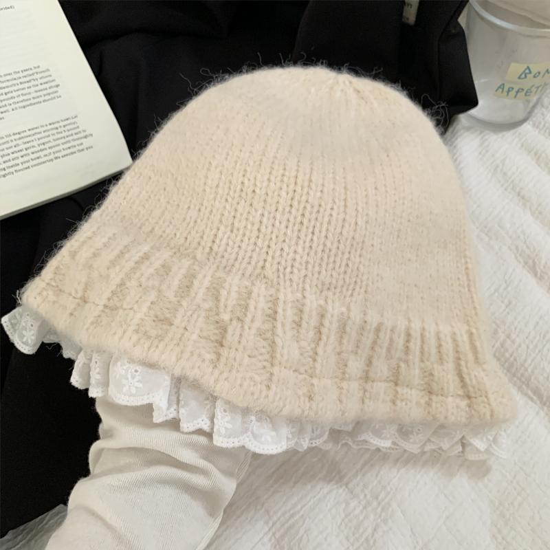 Lace lace bucket hat autumn and winter warm knitted pot hat versatile face small sweet wool hat women