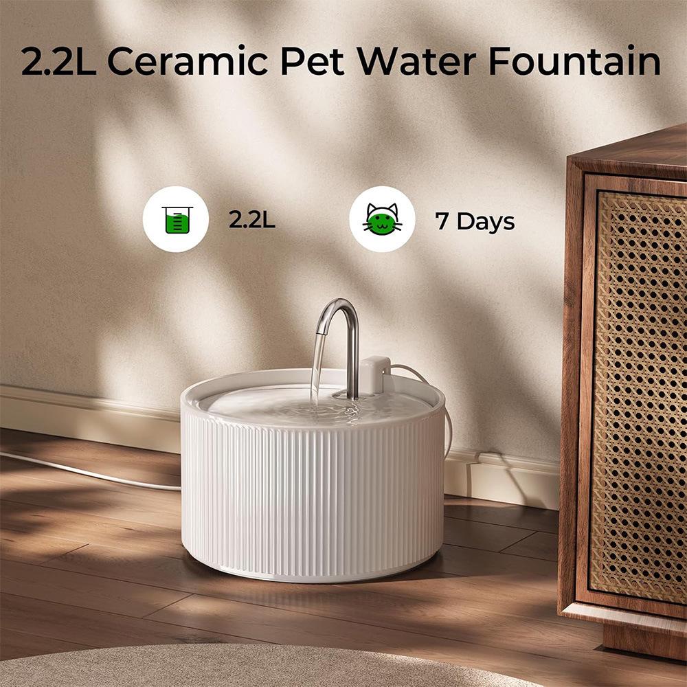 Ceramic Cat Water Fountain, 2.2L Automatic Dispenser with Filter & Silent Sensor Feeder