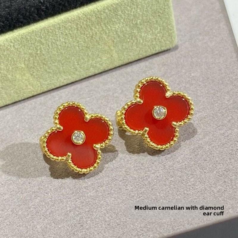 High Quality Four-leaf Clover Earring Buckle White Mother-of-pearl Earrings Red Chalcedony Black Agate Earrings
