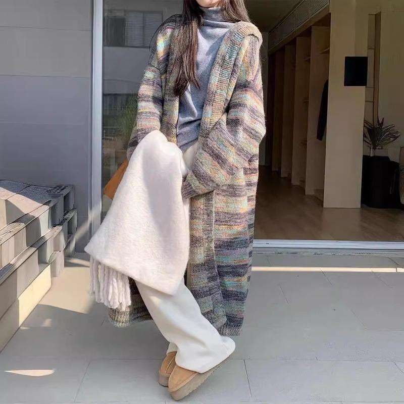 Autumn and Winter New Color Matching Striped Sweater Cardigan Women's Medium and Long Knitted Coat Lazy Loose Hooded Coat