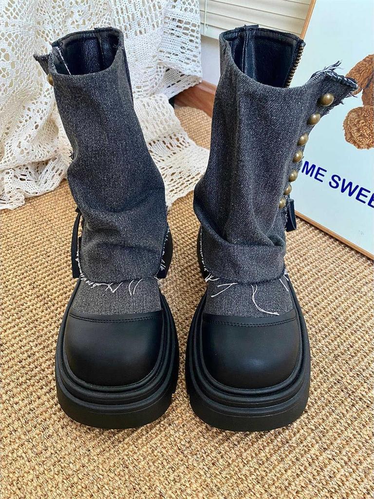 Fashion Round Toe High-height Zipper Women's Half Boots Hot New Rock In Designer Luxury On Promotion Trend 2025 Ladies Mid Calf Shoes