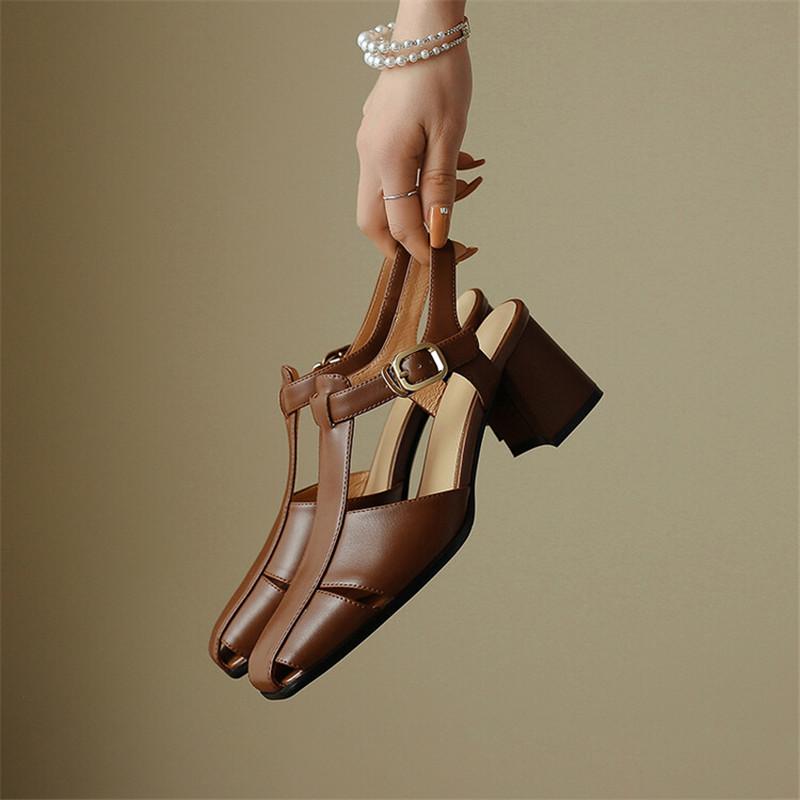 Fashion Split Leather Summer Sandals Square Toe Chunky Heel Sandals for Women High Heels Mary Jane Shoes T-shaped Buckle Ladies Shoes